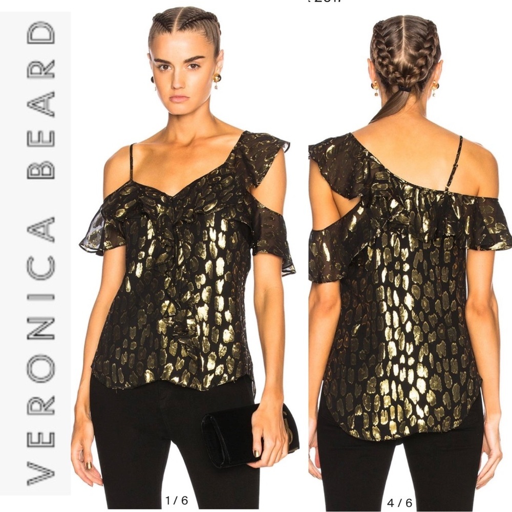 Veronica Beard Black/Gold Metallic Silk Benton Blouse 4